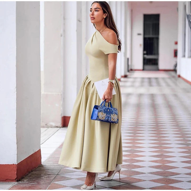 Elegant Off Shoulder Pleated Midi Dress