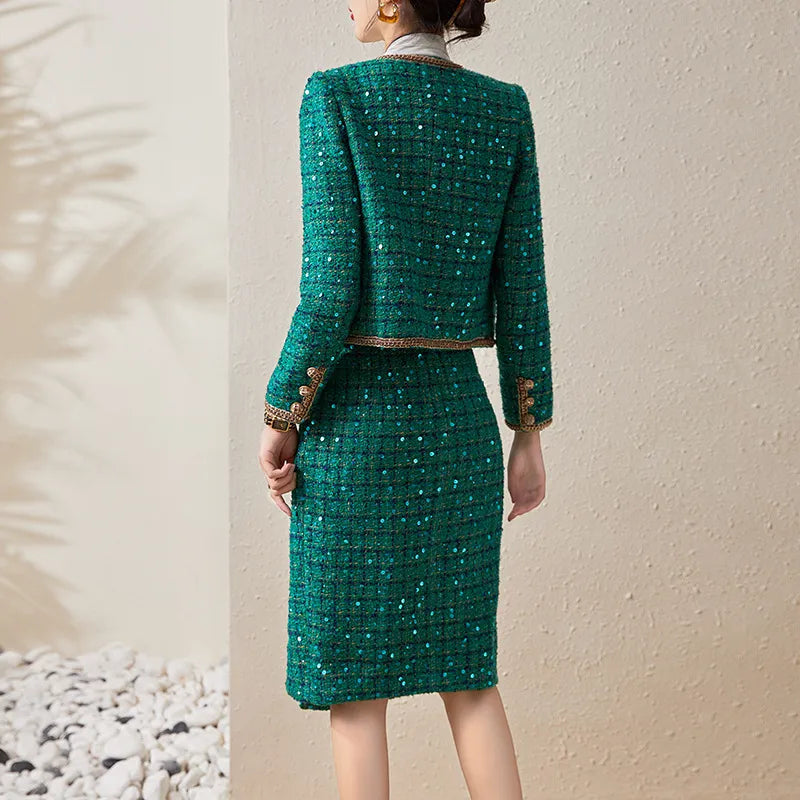 Elegant Thick Woven Sequined Emerald Tweed Two Piece Jacket and Skirt Set