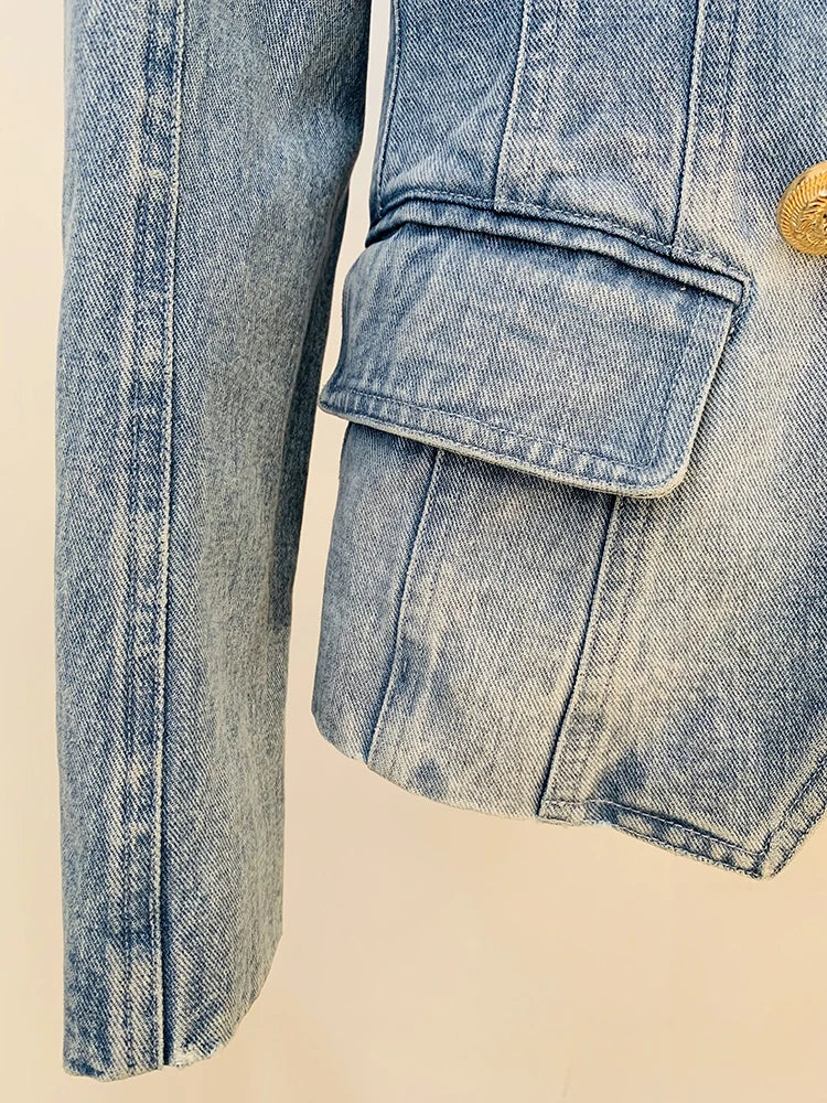 Slim Fitting Double Breasted Denim Blazer