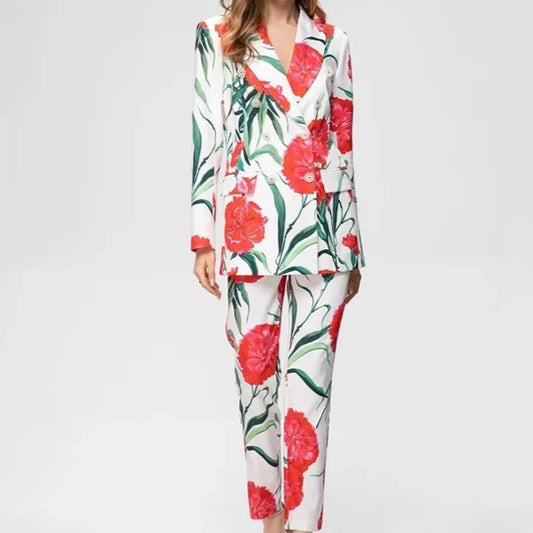 Romantic Floral Printed Blazer and Pant 2 Piece Suit Set
