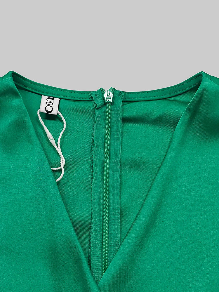 Deep V-neck Casual Green Wide-Leg Jumpsuit