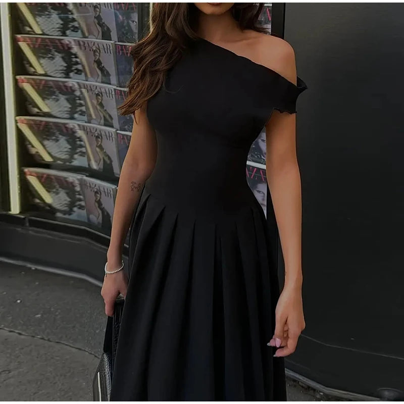 Elegant Off Shoulder Pleated Midi Dress