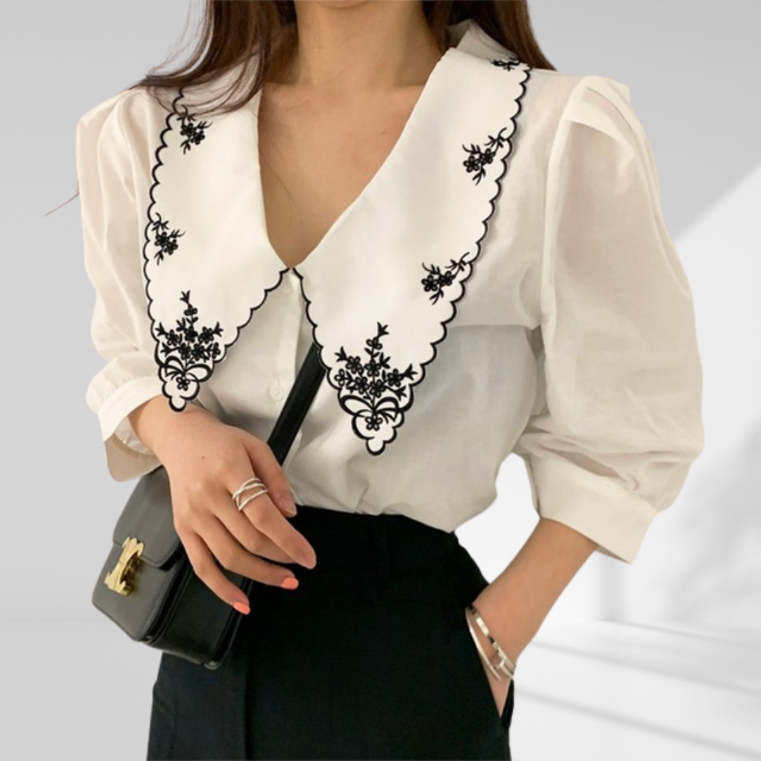 Floral Embroidery Oversized Collar Blouse