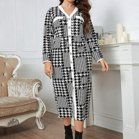 Houndstooth Button Front Knit Dress